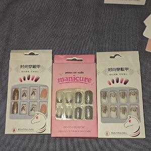 3  Press-On Nails Sets - Gold, Silver, Beige & White